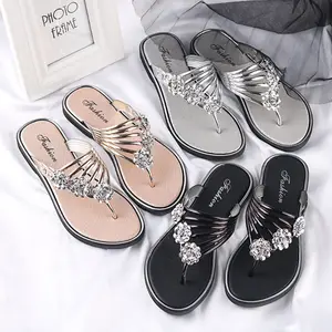 Sommer Frauen schillernde Lager Wasser bohrer Handgelenk Trips Zehen Fischgräten muster Low-End flache Sohlen Metall Juwel Flip-Flops Hausschuhe