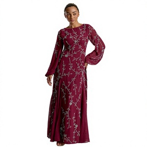 Vestido de Noche Largo Color Borgoña con Lentejuelas, Bordado Floral y Cuentas, Cintura Natural, Corte en A, de Gasa, para Fiesta - Product Image 1