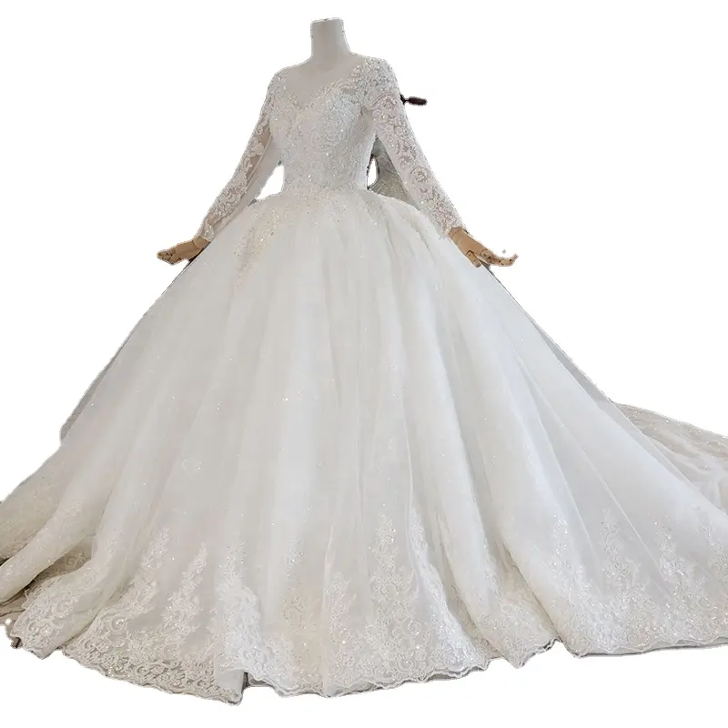 Jancember LS012 Customized New Arrival Long Sleeve Heavy Beading Elegant Ball Gown Wedding Dresses