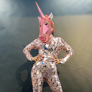 Traje <span class=keywords><strong>de</strong></span> unicornio con efecto espejo en oro rosa, <span class=keywords><strong>mono</strong></span> reflectante geométrico con <span class=keywords><strong>cola</strong></span> y cabeza para eventos en bares, centros comerciales, desfiles, cosplay y espectáculos en vivo. - Product Image 1
