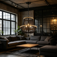 Lampu Gantung Candelabra Manik Kayu Hitam Cincin Ganda dengan Finishing Kayu Alami, Lampu Vintage untuk Ruang Tamu dan Kamar Tidur