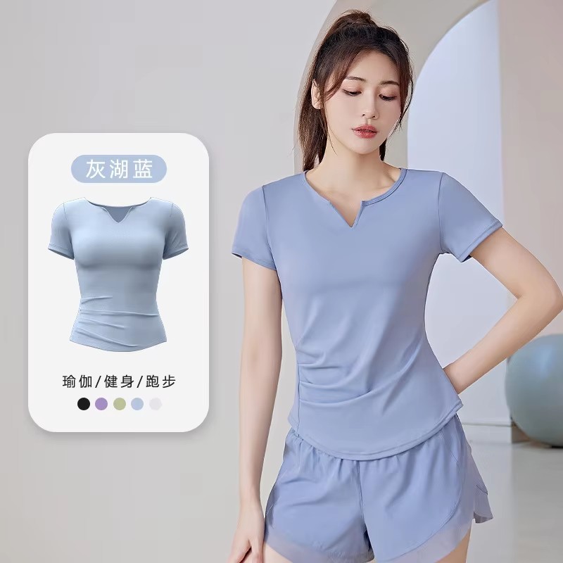 Women Yoga Short Sleeve Shirt V Neck Waist Pleated Quick Dry Fabric Gym Yoga Training Activewear Shirt