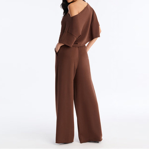 Ensemble deux pièces pour femmes, printemps-été, pantalon long en polyester et chemise à manches courtes, épaules tombantes, impression DTG et sérigraphie - Product Image 4