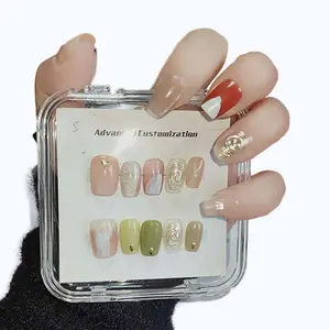 Conjunto de unhas artesanais estilo francês para unhas de salto alto e unhas fluorescentes para aplicação nos dedos