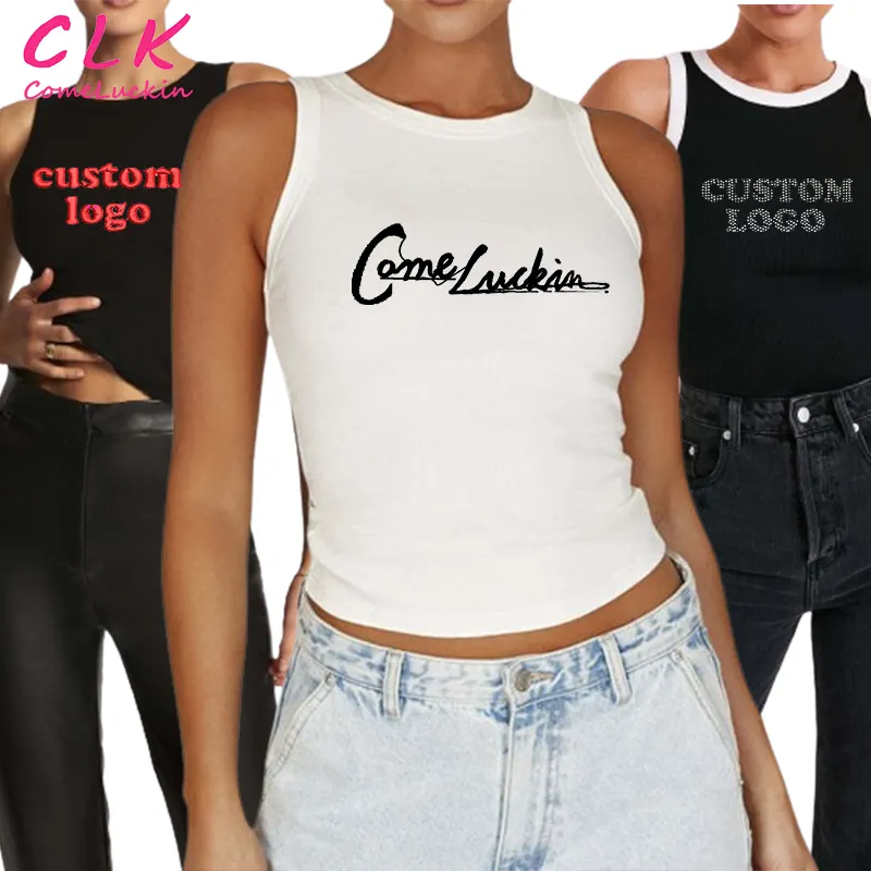 Custom Logo Zomer Dames Vest Wit Katoen Geribbeld Dames Tank Top Mouwloze Racerback Crop Top