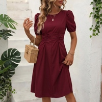 Vente en gros : Robe décontractée bordeaux pour femme, 100 % coton, col rond, manches courtes, longueur genou, pour le bureau ou les soirées, personnalisation OEM/ODM en usine