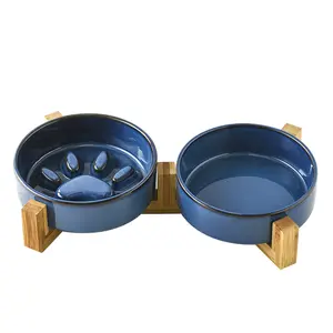 Upclay Cat Scratch Shape Ceramic Dog Bowl With Stand Pet Slow Eat Food Bowl