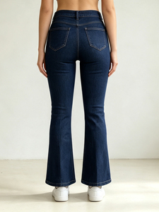 Jean en denim évasé taille haute pour femme, délavage foncé, longueur intégrale, décontracté, respirant, coupe skinny, 100 % coton - Product Image 3
