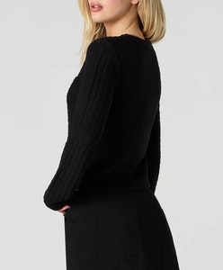 Áo khoác len nữ dáng dài tay, cổ tròn, một hàng khuy, kiểu dáng đơn giản, chất liệu dệt kim, thích hợp cho mùa thu năm 2025, có trang trí khuy. - Product Image 5