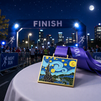 Medalla de metal esmaltado cuadrada OEM personalizada para pintura artística, diseño 2D 3D Noche Estrellada, premio de finalista de carrera virtual con cinta