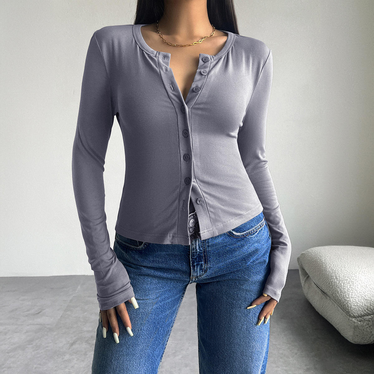 Long Sleeve Single Button Slim Solid Women'S Tops T-shirt Casual - Main Image