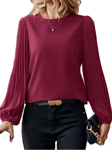 Blusa de Gasa Borgoña para Mujer con Mangas Abullonadas, Cuello Redondo, Corte Holgado, Estilo Casual, Manga Larga, Color Sólido, Diseño Plisado - Product Image 1