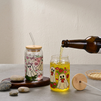 Mug en verre borosilicate en forme de canette pour café, bière, cola, avec couvercle en bambou et paille, idéal pour les fêtes et Halloween, cadeau