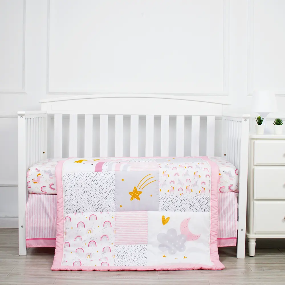 Pink Unicorn Baby Bedroom Nursing Bedding Set For Girl Wholesale Organic Cotton Baby Crib Bedding Set