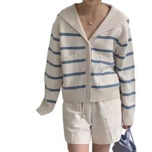 Maglione con bottoni alla francese per la produzione di maglieria da <span class=keywords><strong>donna</strong></span> primavera e autunno nuovo cappotto con bottone a righe a colori larghi - Product Image 1
