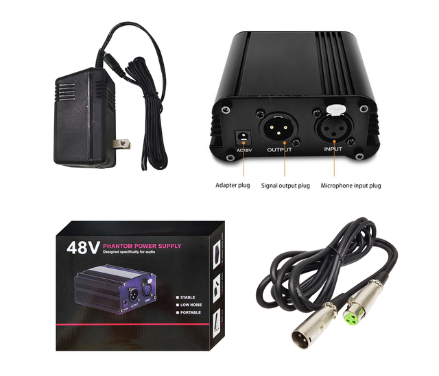48V Phantom Power Audio Sound Card & Mixer for Condenser Microphones with AC Adapter & 1.5m XLR Cable for Streaming