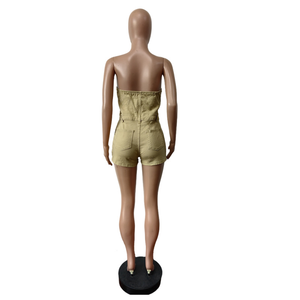 Combinaison courte sexy pour femme, épaules dénudées, sans bretelles, multi-poches, boutonnée, pour anniversaires, soirées et clubs - Product Image 5