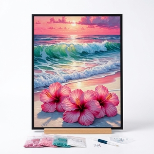 Kit Pittura Diamante 5D su Tessuto Stampato, Fiore di Ibisco Rosa, Tramonto sull'Oceano, Spiaggia, Mosaico Fai da Te Completo per Adulti, Decorazione Murale per la Casa - Product Image 1