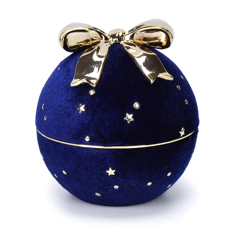 卸売かわいい青い球丸み蝶結び弓ケース高級ベルベットジュエリーギフトクリスマスリングボックス