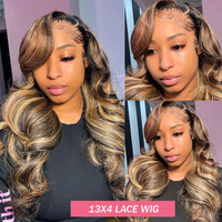 Perruque frontale en dentelle HD 13x4, cheveux humains, mèches brunes, ondulations naturelles, 100% cheveux vierges non traités, mèches blondes mélangées, en promotion