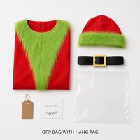 Traje de Monstruo Navideño Rojo y Verde para Niños, Disfraz de Navidad con Ribete de Piel, Hebilla de Cinturón, Gorro de Santa, Ropa para Fiesta