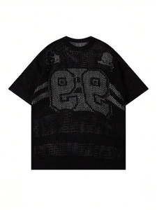 Người Đàn Ông Mùa Xuân Và Mùa Hè Mới Cao Đẳng Phong Cách Tương Phản Màu Sắc Mô Hình Kỹ Thuật Số Vòng Cổ Ngắn Tay Áo Crochet Knit Top - Product Image 2