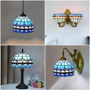 Stile Tiffany piuma di ricambio in vetro colorato retrò <span class=keywords><strong>blu</strong></span> mediterraneo <span class=keywords><strong>lampadario</strong></span> da balcone, lampada da tavolo lampada da pavimento paralume - Product Image 2