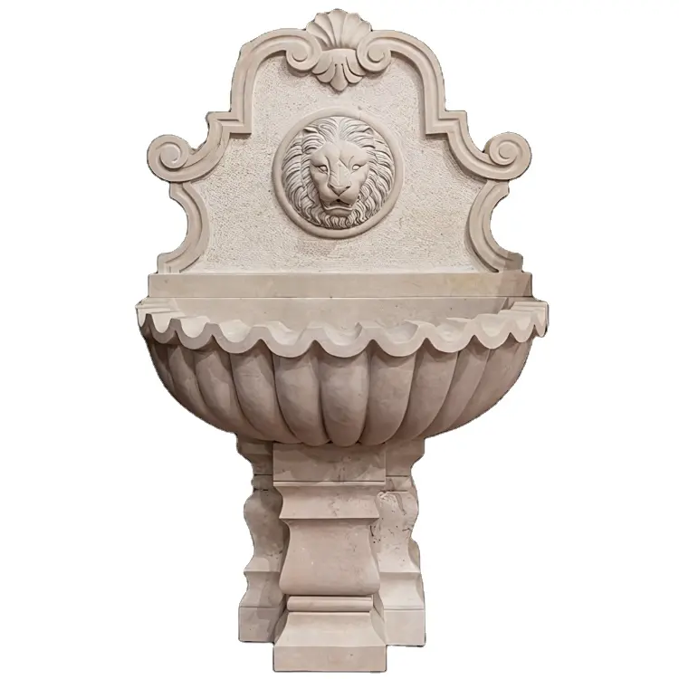 Exquisite French Design Yellow Lion Head Garden Wall Limestone Fountain For Palatial Courtyards and Grand Estates