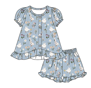 Conjuntos de Shorts Casuales Personalizados para Niñas con Estampado Floral y Lazos, Estilo Coquette, para Primavera y Otoño, con Volantes, Combinables para Hermanas, Venta al por Mayor, Algodón Peinado - Product Image 3