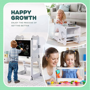Tour d'apprentissage en bois pliable pour tout-petits, tabouret multifonctionnel pour bébé avec tableau noir et barreaux de sécurité - Product Image 3
