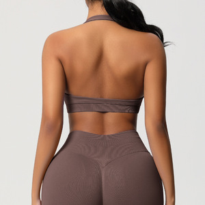 Sujetador Deportivo con Cuello Halter y Tejido Acanalado, Top de Yoga sin Costuras para Mujer, Ropa de Gimnasio, Logotipo Personalizado, Marca Privada, 28 Colores, OEM, 50 Piezas - Product Image 4