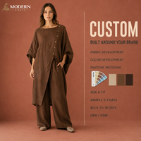 Ensemble Kaftan asymétrique à boutons sur le devant, pantalon large en mélange de lin, marron chocolat, fabrication OEM ODM sur mesure