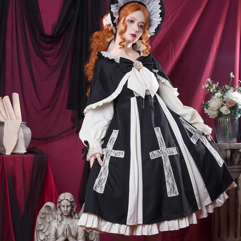 Drei Puppen Lolita Kleid für Frauen schwarze Nonne Spitze Blumen mädchen Gothic Dress Party Lolita Kleid
