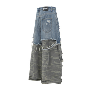 Venta al por mayor Otoño Streetwear Heavyweight False Two Layer Washed Jeans de pierna ancha para hombres - Product Image 2