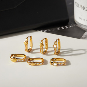 U-Shaped Huggie Earrings With Rhinestones Stainless Steel Channel Setting Everyday Wear Women's Jewelry - Product Image 1