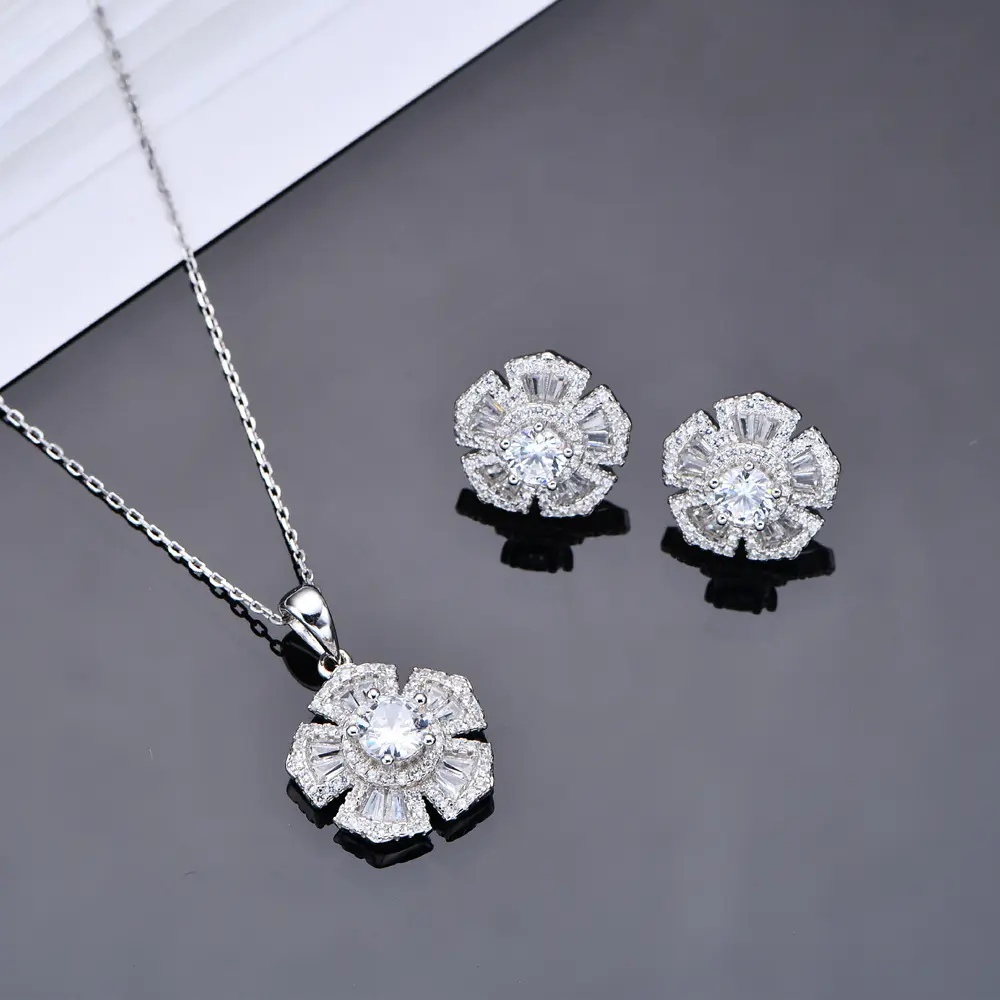 Moda Elegante Flor Brinco Pingente Colar Jóias Set 925 Sterling Silver Simples Two Piece Jóias Set Para As Mulheres