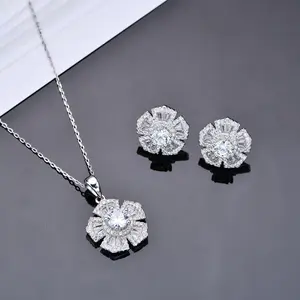 Fashion Elegant Flower Stud Earring Pendant Necklace Jewelry Set 925 Sterling Silver Simple 2 Piece Jewelry Set For Women