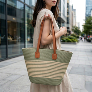 Trendy Straw Lady Elegant Woven Handbag Solid Color Open Closure Large Tote <b>Bag</b> for Daily & <b>Work</b> Use Polyester Lining - Product Image 5