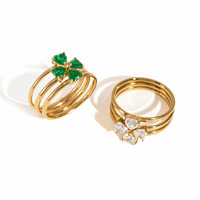 Anneaux empilables en forme de cœur et de trèfle à quatre feuilles, élégants et chics, en acier inoxydable plaqué or 18 carats, avec zircon vert et blanc