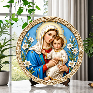 Piatto Decorativo in Resina con Madonna Coronata e Gesù Bambino, Bordo Rosa, Ornamento Religioso da Tavolo per Famiglia Cattolica - Product Image 3