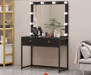 Miroir de maquillage éclairé avec tiroirs et cadre métallique — Poste de travail professionnel pour maquilleurs en salon, studio de beauté - Product Image 1