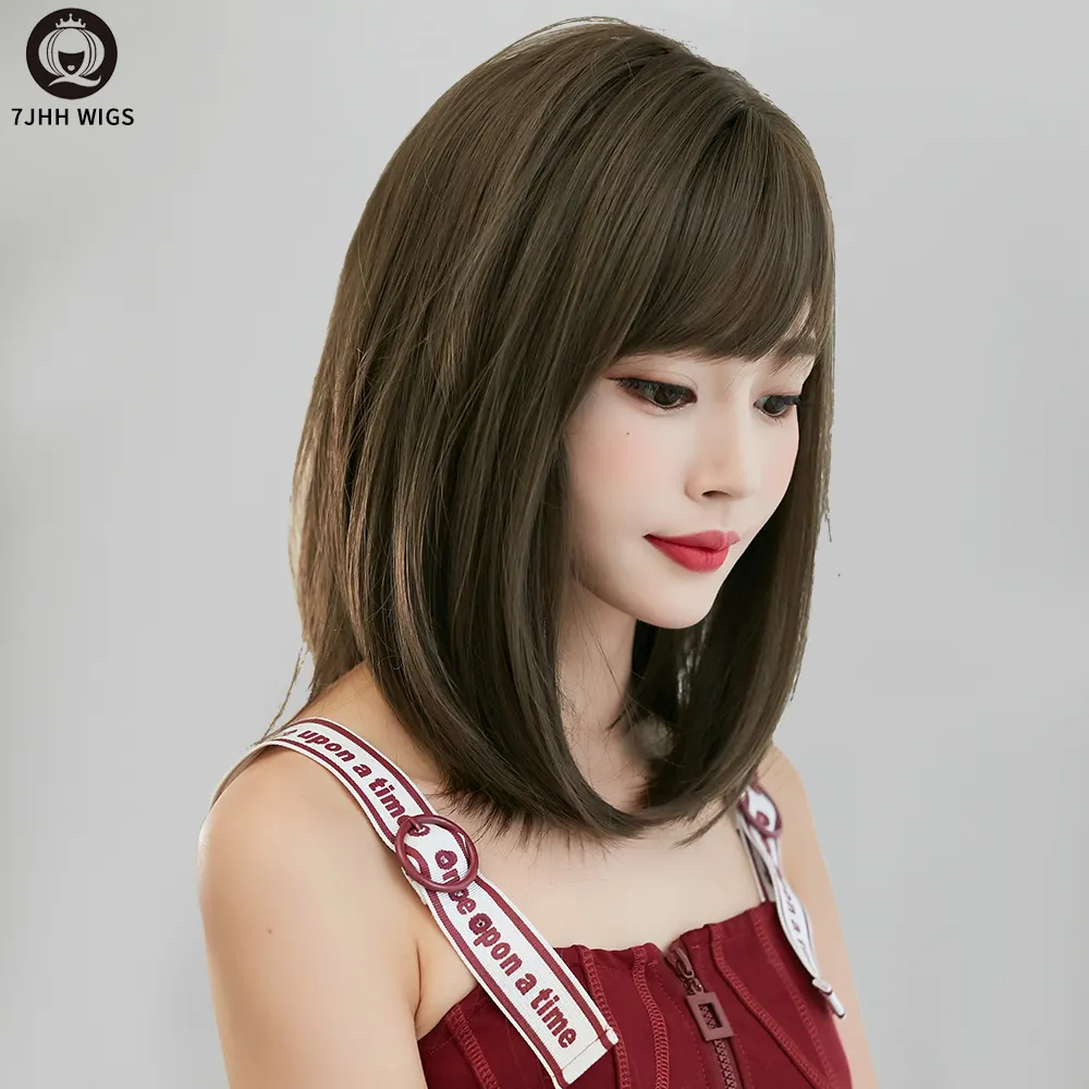 7JHH Ombre Brown Bob Straight Hair Wigs With Bangs For Girl Fashion Heat Resistant Synthetic Wigs For Women Bob Hair Wigs