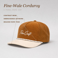 Op maat gemaakte corduroy trucker pet met touw, ongestructureerde 5-panel baseballcap, snapback pet, vintage, tweekleurig geborduurd