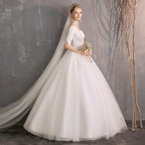 Simple Elegant Satin Wedding Dress Square Neck Half Sleeve Floor Length A Line Bridal Gown For Petite Women - Product Image 2