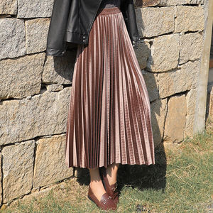 Jupe midi plissée en velours pour femme, taille haute, coupe trapèze, grande taille, couleur unie, longue, mode printemps, élégante pour le quotidien - Product Image 1