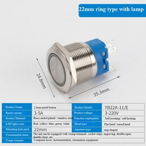 22MM Stainless Steel Button Flat Head Ring Illuminated IP65 1NO Push Button <b>Switch</b> 3A 220V for Home Appliance Control - Product Image 4