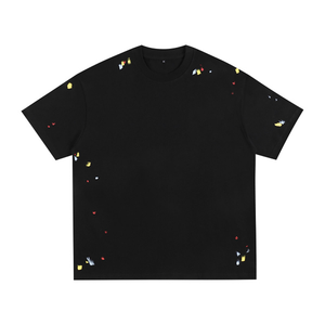 Camiseta de algodón multicolor personalizada con salpicaduras pintadas a mano para hombre, base sólida, corte holgado, cuello redondo, estilo casual urbano, manga corta. - Product Image 6