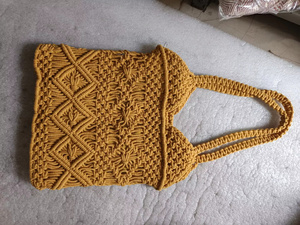 Bolso Tote de Macramé Hecho a Mano para Mujer, Estilo Bohemio con Patrón Geométrico, Dos Asas, Casual, para Playa o Viaje, Parte Superior Abierta, Amarillo, Ecológico - Product Image 1