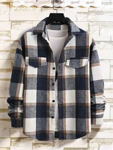 크로스보더 칼라 체크 남성 셔츠, 레트로 브러쉬드 캐주얼 긴팔 코트 - Product Image 6