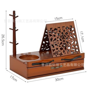 Wooden retro hollow brown reading bookshelf, foldable book and page <b>rack</b> with drawers, <b>glasses</b> and coffee cup storage <b>rack</b> - Product Image 1